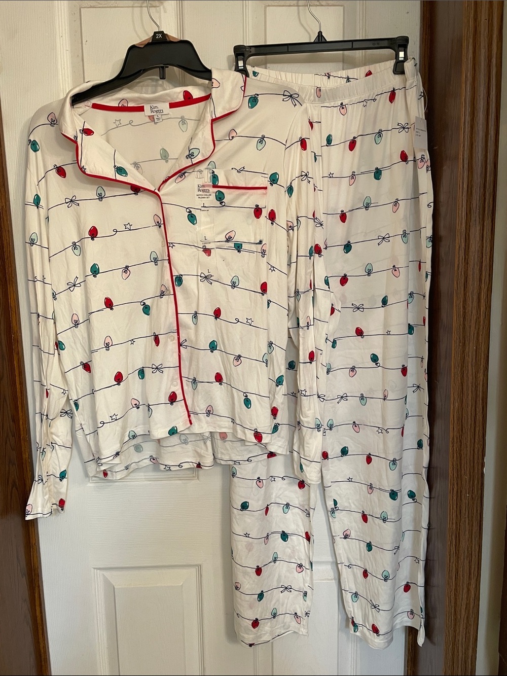 Kim Rogers White Pajama Set with Red & Teal Light Bulb Print